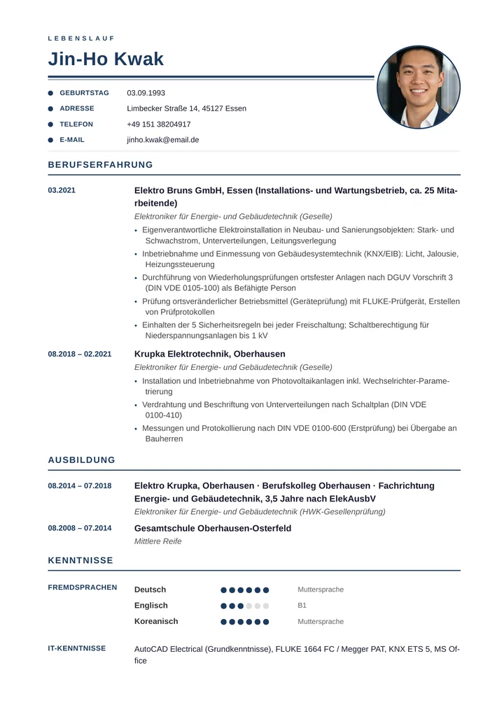 Muster-Lebenslauf eines Elektronikers für Energie- und Gebäudetechnik: tabellarischer Aufbau mit Berufserfahrung, Ausbildung, Qualifikationen (Schaltberechtigung, DGUV V3) und Normen-Kenntnissen
