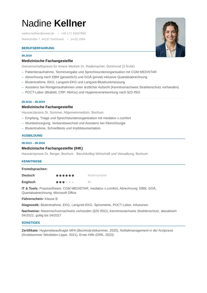 Muster-Lebenslauf einer Medizinischen Fachangestellten: Berufserfahrung in Hausarzt- und Facharztpraxis, Praxissoftware (CGM, medatixx), EBM- und GOÄ-Abrechnung, Diagnostik und die gesetzlichen Nachweise Masernschutz und Strahlenschutz