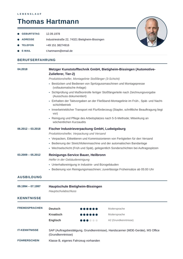 Muster-Lebenslauf eines Produktionshelfers: tabellarisches Layout mit Berufserfahrung an Spritzguss- und Montagelinie, Qualifikationsnachweis Flurförderzeug, Schichtbereitschaft und Sichtprüfung in der Automotive-Zulieferindustrie