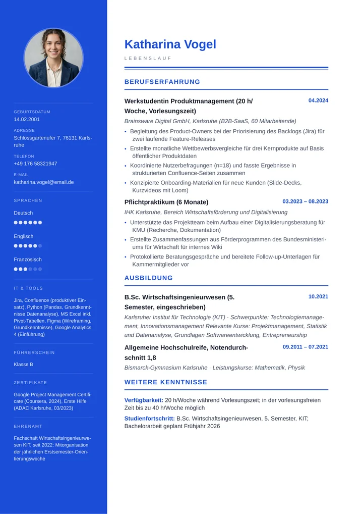 Muster-Lebenslauf einer Werkstudentin: modernes Layout mit Werkstudentenstelle im Produktmanagement, Pflichtpraktikum, laufendem Studium, Tools und Verfügbarkeitsangabe