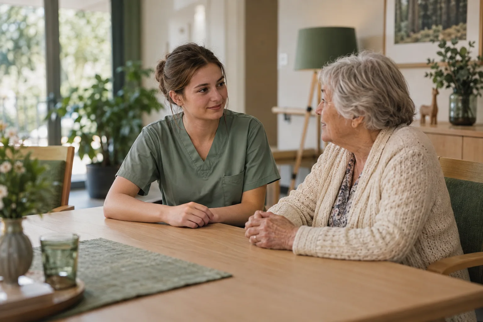 Eine Pflegeassistenz und eine ältere Frau unterhalten sich auf Augenhöhe an einem Tisch.
