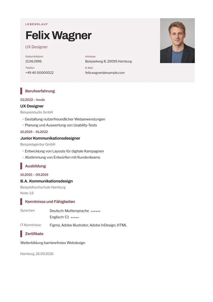 Lebenslauf-Vorlage Impuls, Kurze Akzentbalken markieren die Abschnitte